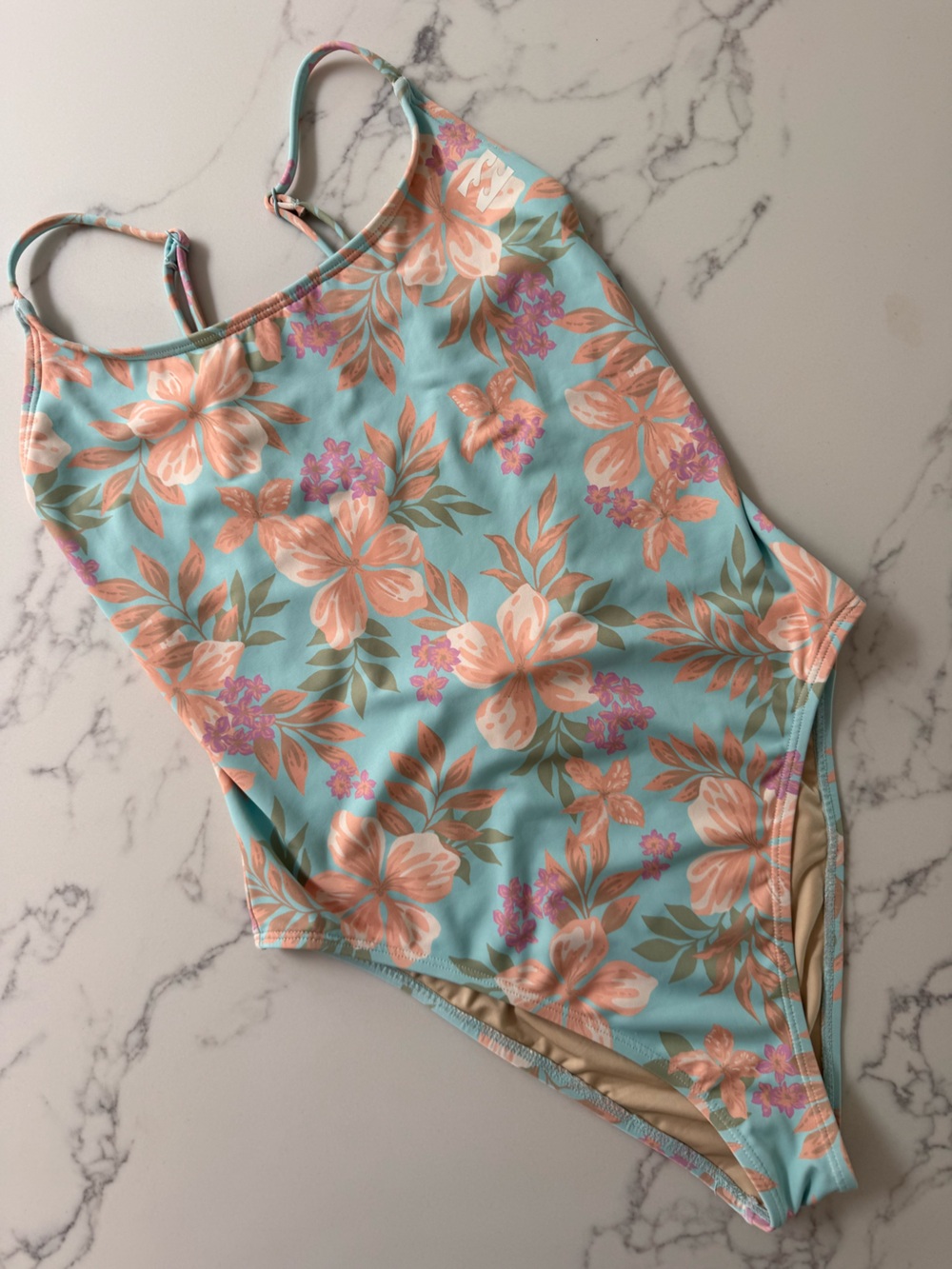 Billabong Floral Scoop One Piece Swimsuit - Blue/Peach - Size Large